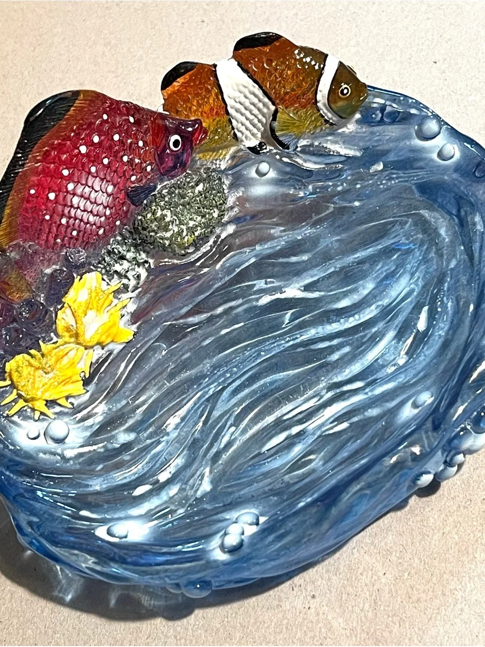 Vtg 3D Acrylic Ocean Sea Life Coral Reef Tropical Fish Waves Soap/Trinket Dish